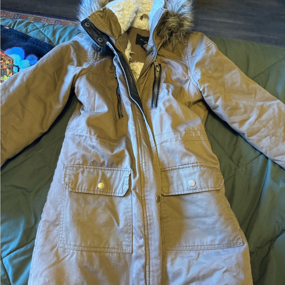 Women's Tan Parka Coat with Faux Fur Hood